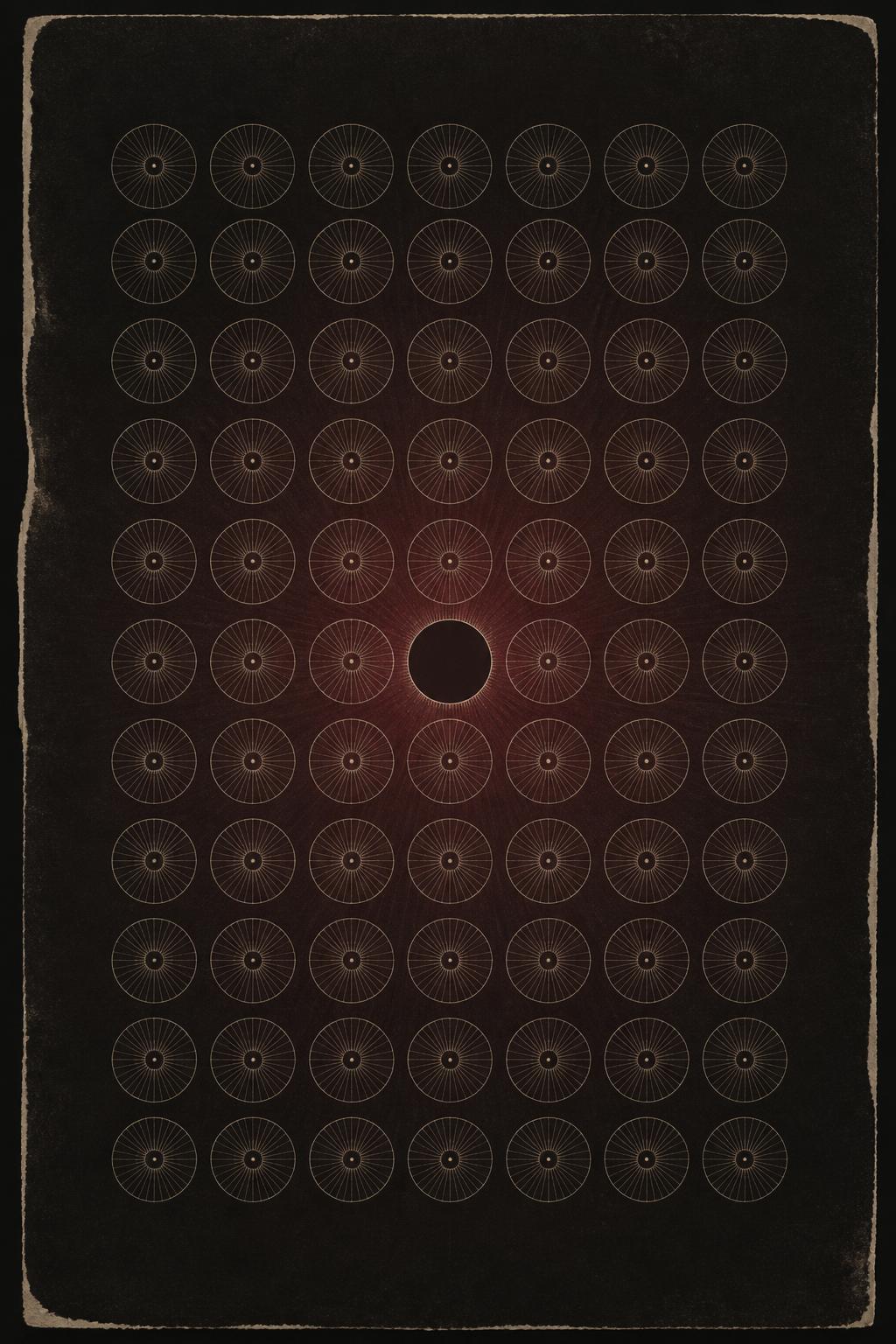 Poster for Exit 003: a grid of identical radiating circles with one left silent and empty
