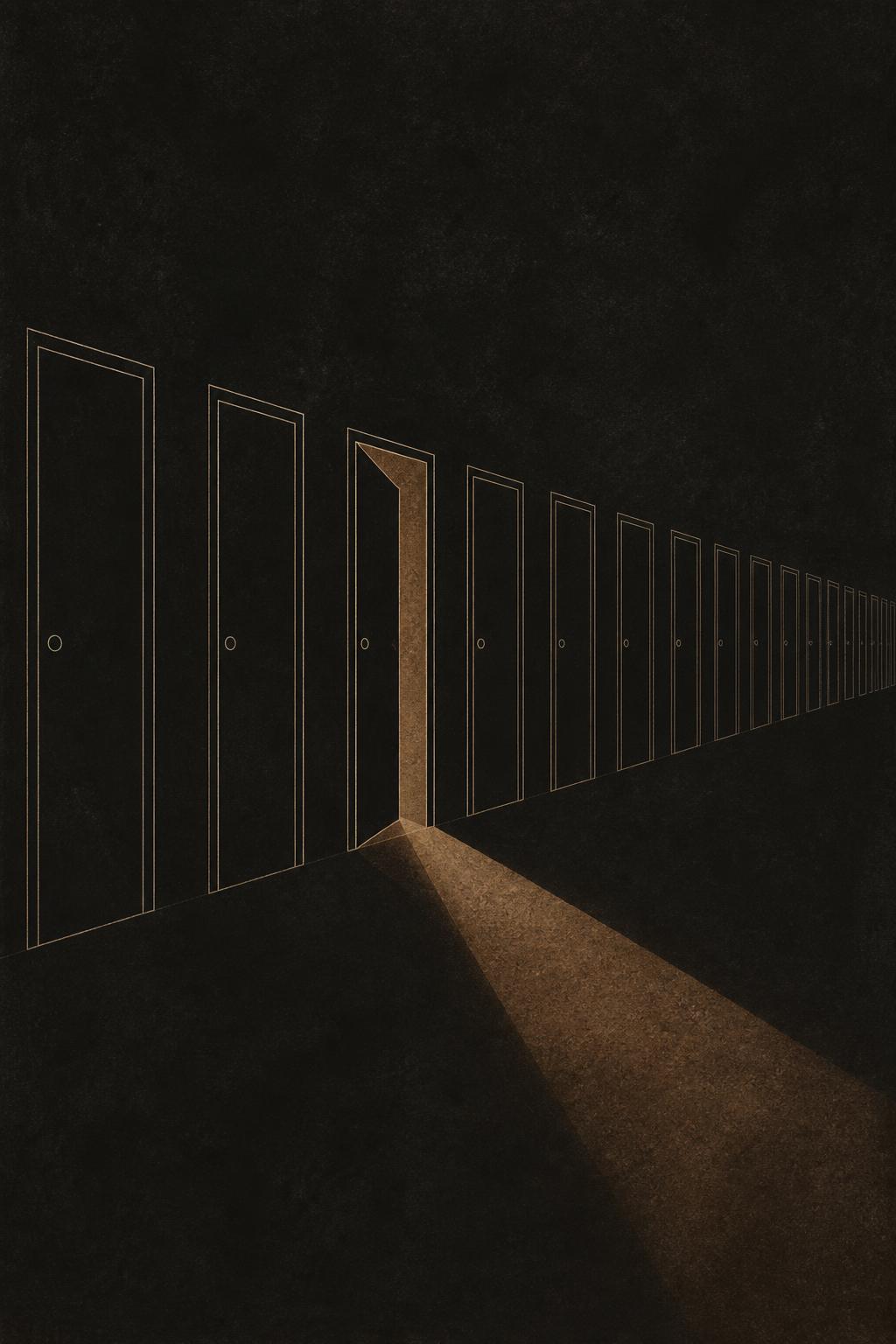 Poster for Exit 004: a receding row of identical closed doorways with one standing open